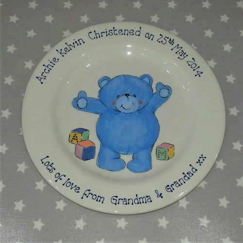 Christening gift plate with cute blue teddy bear, as a keepsake gift from Grandma and Grandad.