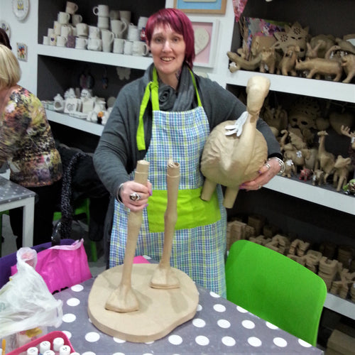 Getting set up to take on a large flamingo decoupage project at a Create It Evening Session.