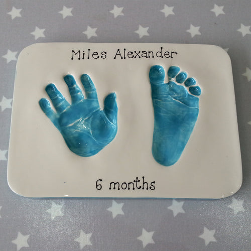 Rectangle Clay Imprint with hand and footprint in teal.  Unframed. 