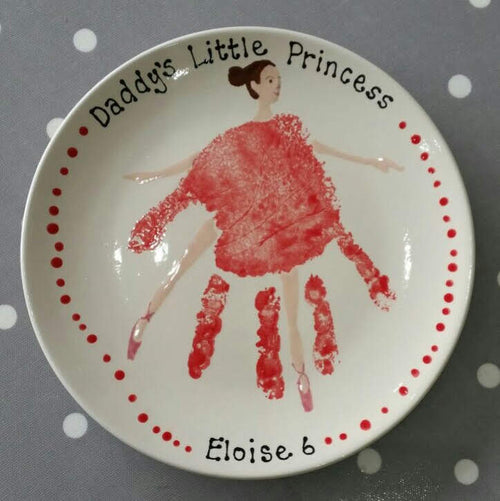 Red hand print on Small Coupe Plate turned into a ballerina as a gift for Daddy.