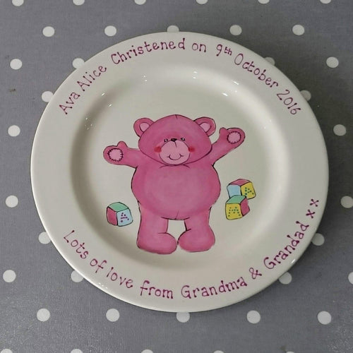 Christening gift plate with cute pink teddy bear, as a keepsake gift from Grandma and Grandad.