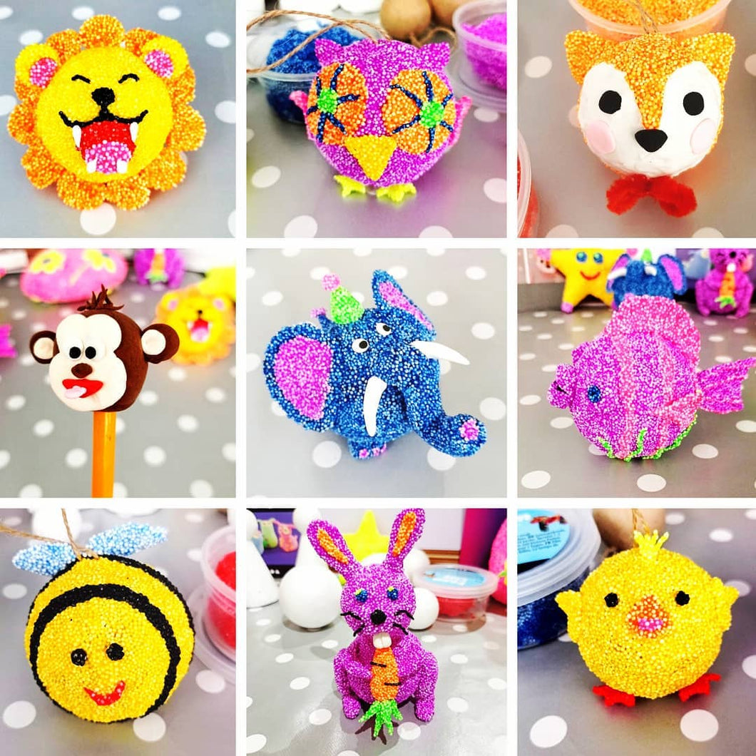 Some of the bright, colourful animals you can make with our Foam Clay kits.
