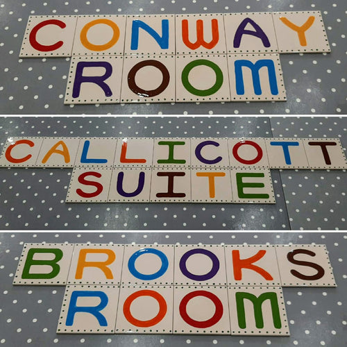 A commission to create room names in bold letters on medium tiles to customers specification.