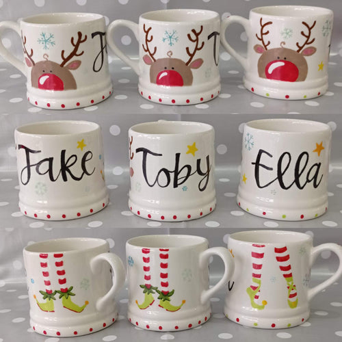 Christmas mugs with name detail, cute rudolphs and elf feet for a special Christmas gift.