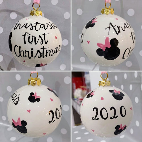 Christmas bauble commissions for baby's first Christmas with Minnie Mouse details.