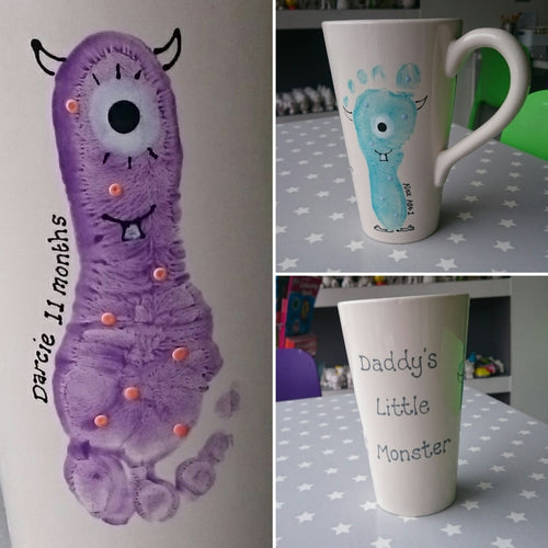 Purple footprint on Tall Latte Mug, turned into a cute monster - Daddy's Little Monster written on opposite side of the print.