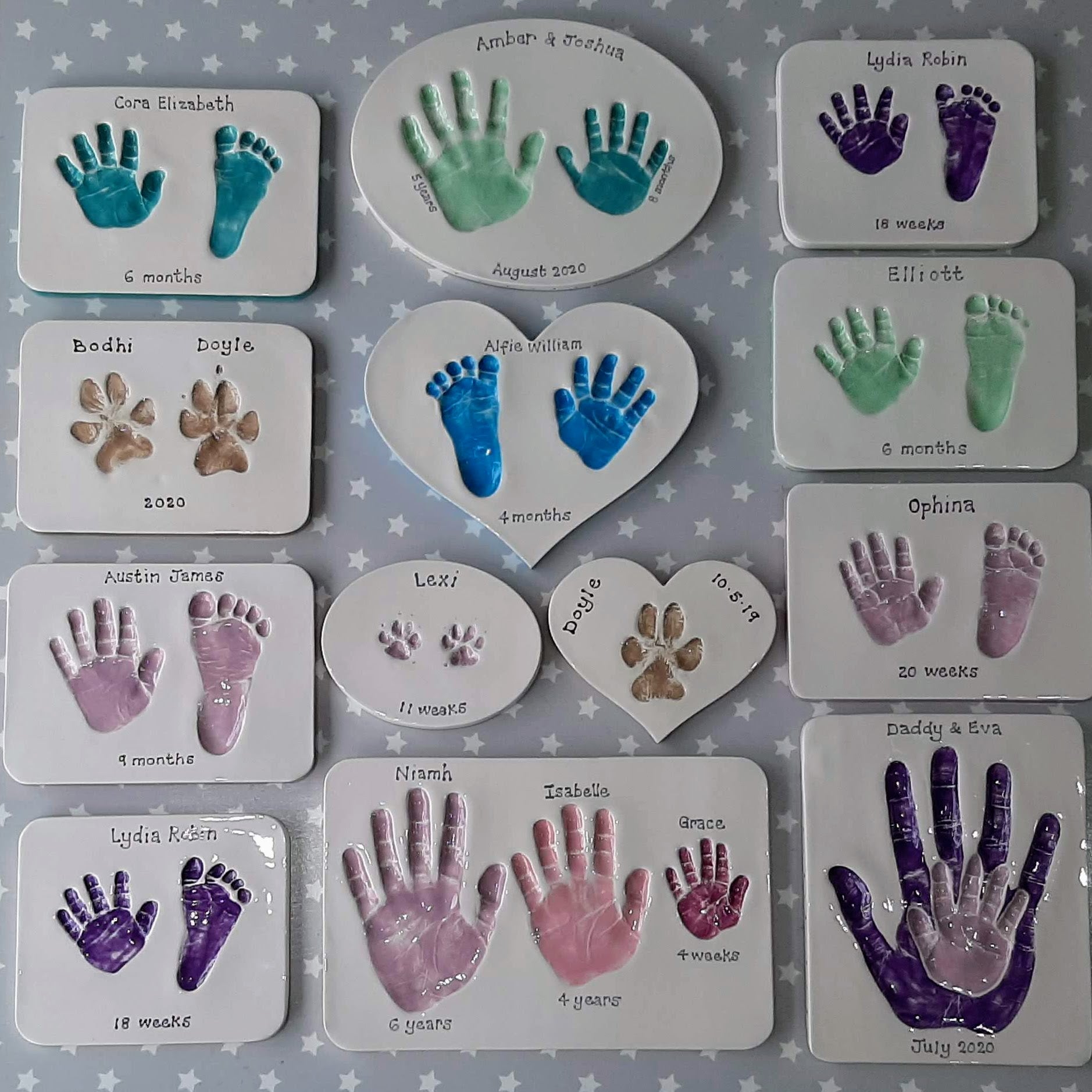 A selection of hand print, footprint and paw print Clay Imprints.