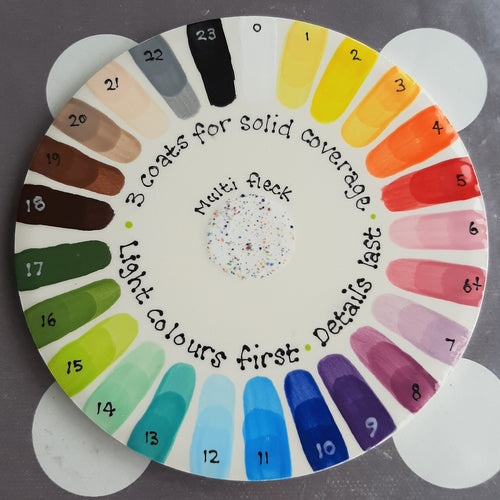 Painted, glazed and fired colour wheel for guidance