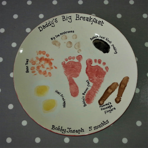 Big Breakfast Plate including red footprints for bacon, fingers for sausages and fingerprints for beans, as a gift for Daddy.