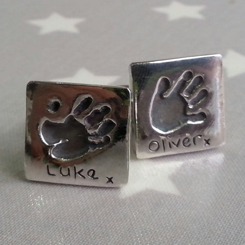 Love Prints cufflinks.  Medium square charms with hand prints on sterling silver cufflinks.