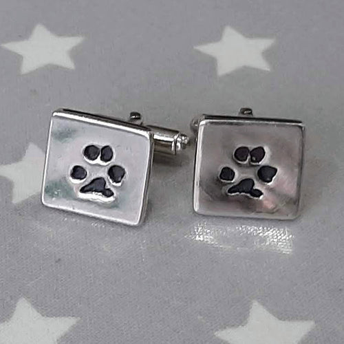Love Prints square charms on sterling silver cufflinks with paw prints.