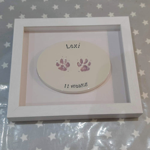 Small oval Clay Imprint with two pet paw prints in lilac with white backboard and white frame.