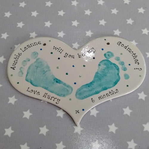 Heart Plaque with two teal footprints and a 'Will you be my Godmother?' message.