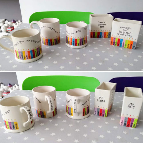 Mugs and pen pots as teachers thank you gifts, with the names of the children in the class on mini painted pencils 