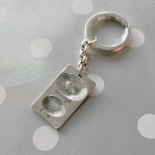 Love Prints large rectangle charm with two fingerprints with sterling silver key chain and keyring.