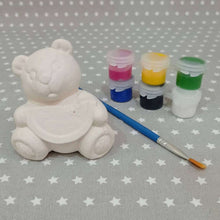 Load image into Gallery viewer, Ready to paint pottery, Teddy holding Watermelon with acrylic paints and brush
