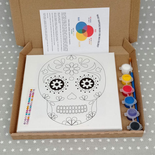 Pre-Printed Sugar Skull with Flower Eyes Canvas with Acrylic Paints