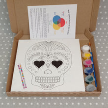 Load image into Gallery viewer, Pre-Printed Sugar Skull with Heart Eyes Canvas with Acrylic Paints

