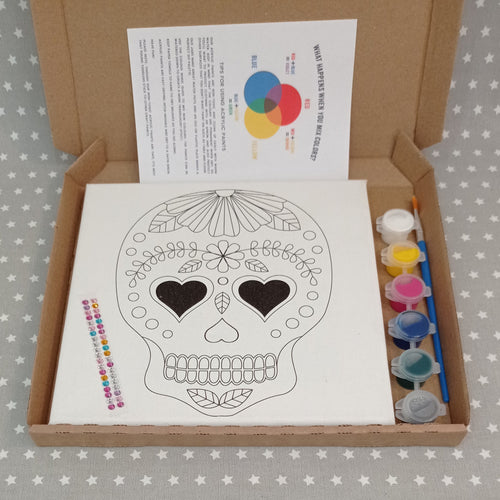 Pre-Printed Sugar Skull with Heart Eyes Canvas with Acrylic Paints